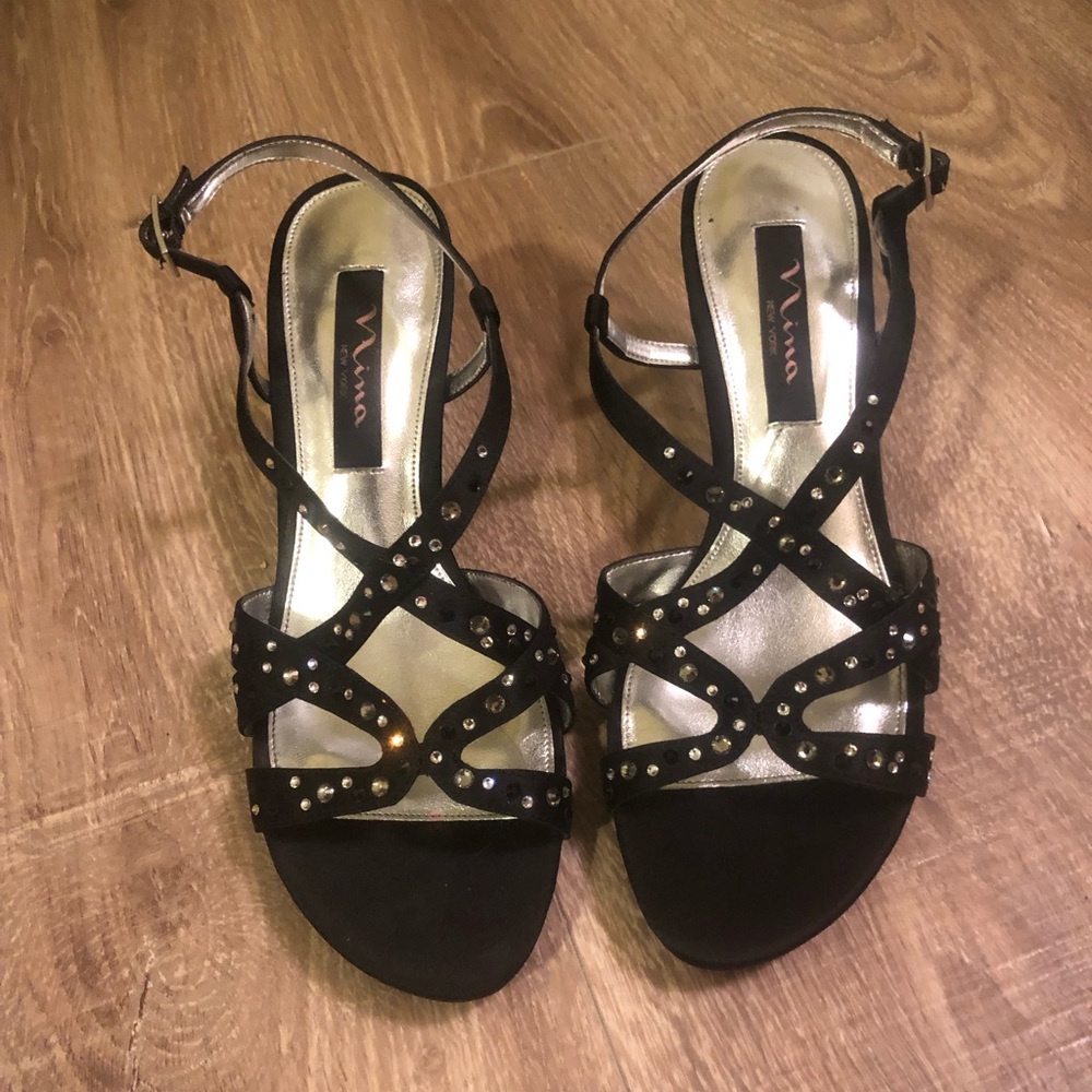 Nina black and silver studded sequence heels